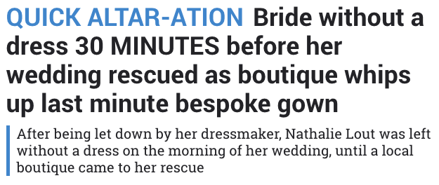 Bride left without a dress headline