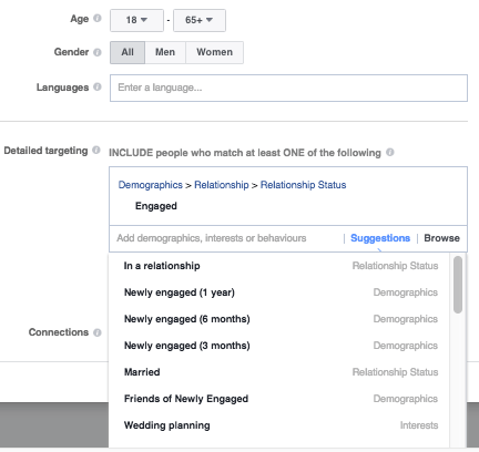 Facebook ad targeting couples who have been engaged for a certain amount of time and their friends