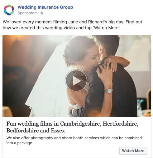 Example of wedding photographer Facebook ad