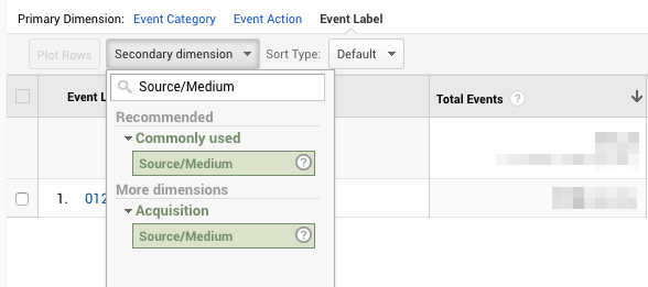 Selecting secondary dimension in the Google Analytics top events report