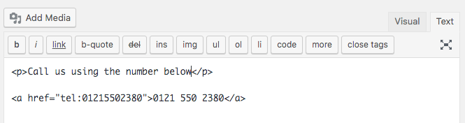 Inserting a telephone link using the WordPress text tab