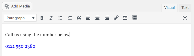 Inserting a telephone link using the WordPress visual tab