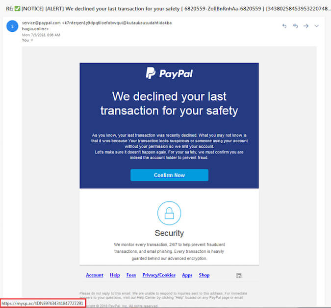 Example of phishing attempt posing as PayPal